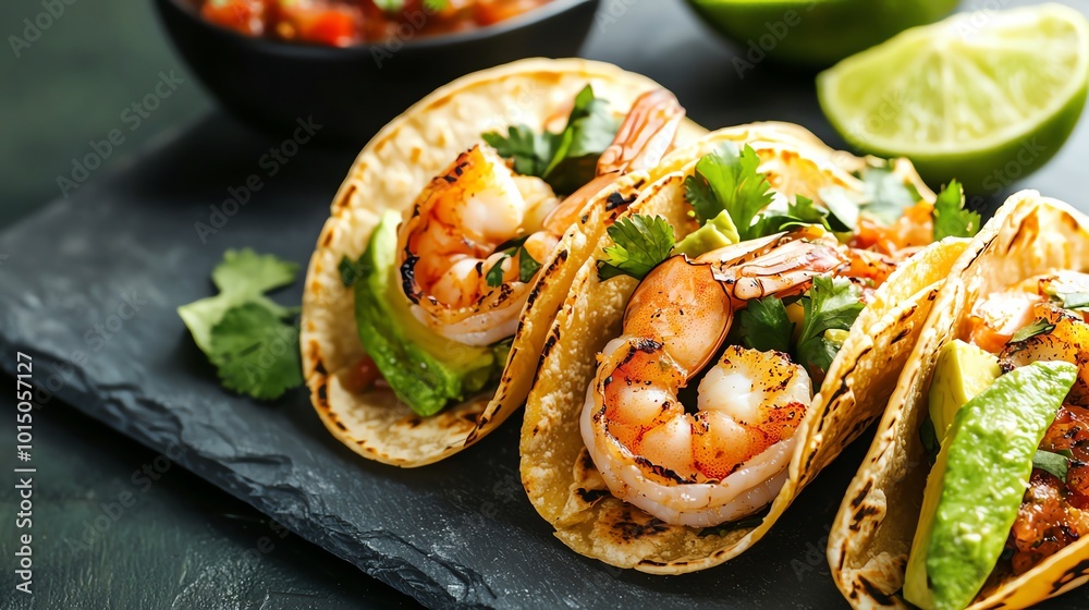 Delicious shrimp tacos served with fresh lime and salsa on a slate plate. Perfect for appetizing food photography. Delicious shrimp tacos served with fresh lime and salsa on a slate plate. Perfect for appetizing food photography.