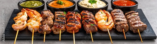 Delicious skewers featuring grilled shrimp, beef, and chicken, served with an array of flavorful sauces on a black platter. photo