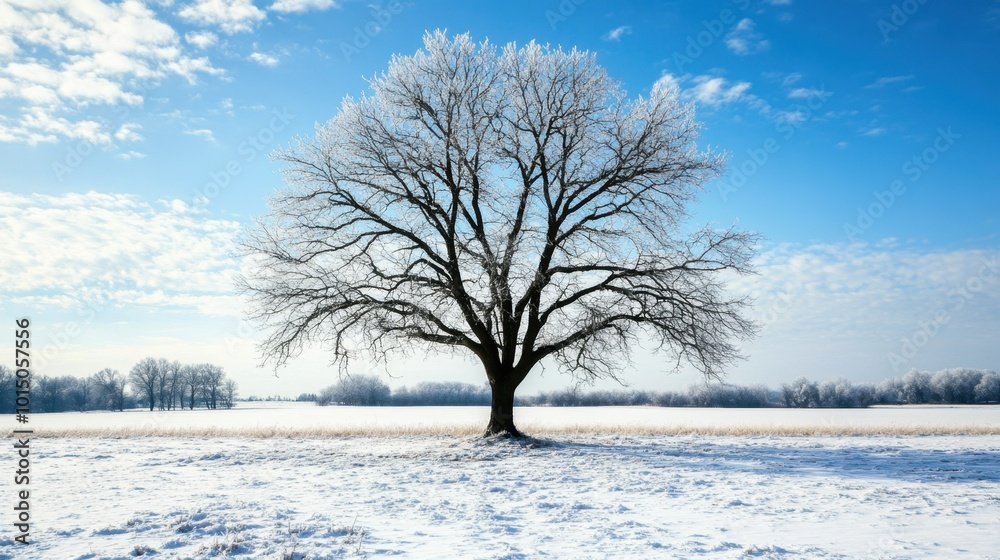 A stark tree silhouette in a snowy meadow during winter, surrounded by untouched snow, captures the essence of isolation and tranquility in a winter landscape A stark tree silhouette in a snowy meadow during winter, surrounded by untouched snow, captures the essence of isolation and tranquility in a winter landscape