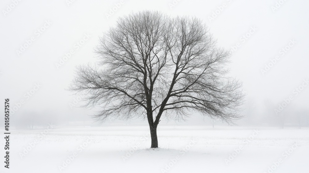 A stark tree silhouette in a snowy meadow during winter, surrounded by untouched snow, captures the essence of isolation and tranquility in a winter landscape A stark tree silhouette in a snowy meadow during winter, surrounded by untouched snow, captures the essence of isolation and tranquility in a winter landscape