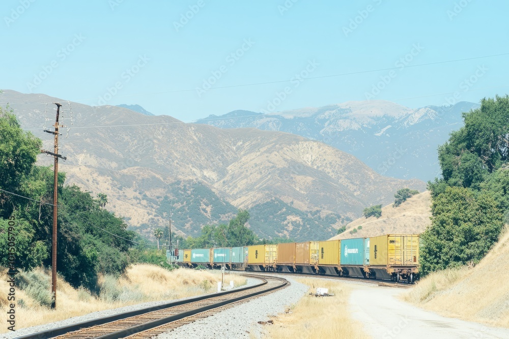 A freight train hauling large cargo containers along a track, set against a stunning mountain backdrop. This image captures the power of transportation under bright midday light, with ample copy space