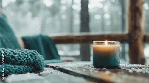 An inviting outdoor winter scene featuring a lit candle and a cozy blanket on a wooden table with snow, representing warmth and comfort amidst cold surroundings. photo