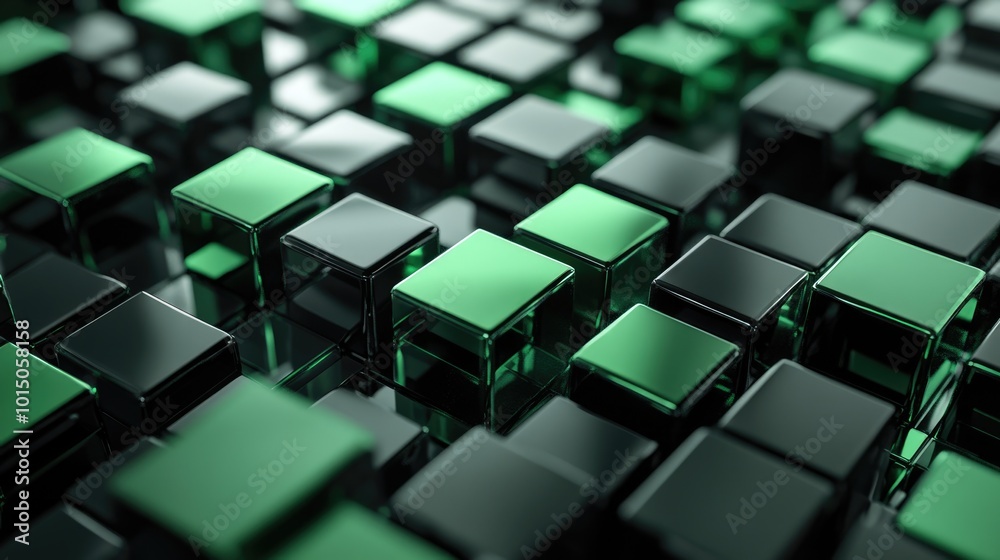 Futuristic Geometry. Innovative 3D Cubes in Green and Black Background Futuristic Geometry. Innovative 3D Cubes in Green and Black Background