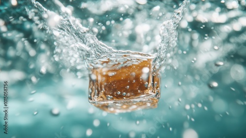 A single cube of whiskey splashes into a vibrant aqua background, creating dynamic ripples and droplets, capturing an invigorating and refreshing moment. photo