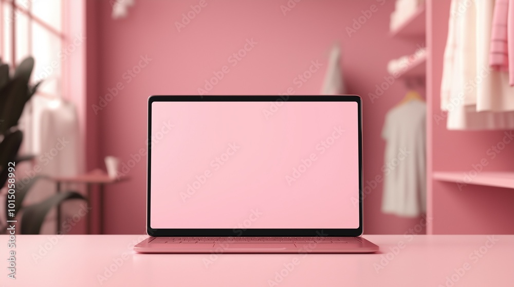 Fototapeta premium A modern laptop with a blank screen against a minimalist pink background. 