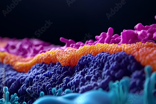 Vibrant microscopic view of colorful cellular structures showcasing intricate details in vivid colors and textures. photo