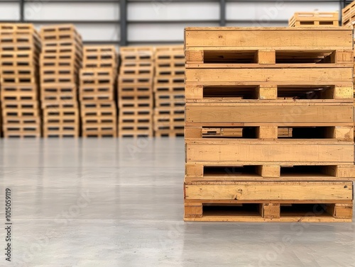 Large loading dock with pallets of goods, organized warehouse ready for shipping photo