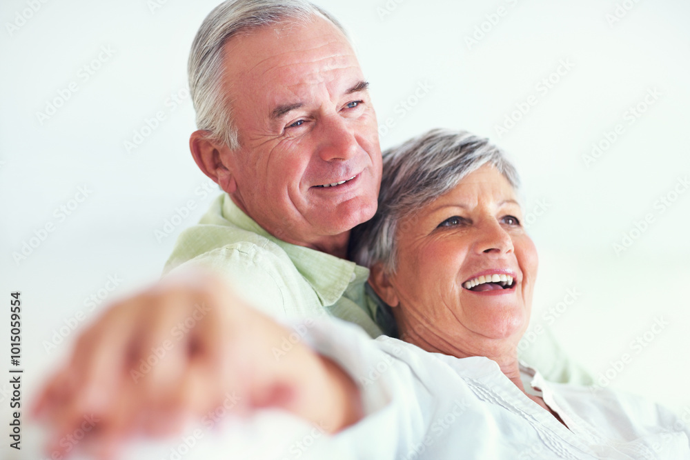 Elderly couple, happy and hug on sofa for relax, bonding and love with support, care and together in home. Senior people, smile and comfort on couch for weekend break, marriage and embrace with trust Elderly couple, happy and hug on sofa for relax, bonding and love with support, care and together in home. Senior people, smile and comfort on couch for weekend break, marriage and embrace with trust
