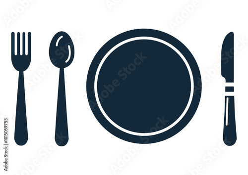 Iconic fork, knife, spoon, and plate icon Simple table setting symbols