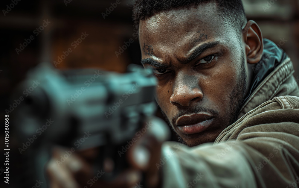 Serious black man aiming with gun in dramatic lighting Serious black man aiming with gun in dramatic lighting