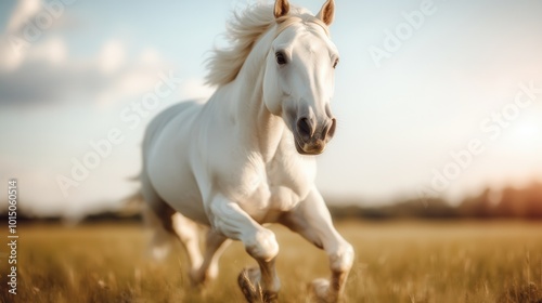 A majestic white horse gallops across a field, its mane flowing in the wind, symbolizing freedom and power, under the sunny sky in a natural setting.