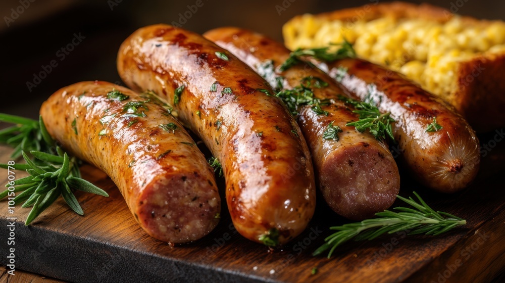 An appetizing arrangement of flavorful sausages paired with vibrant fresh herbs and warm cornbread, perfect for showcasing comfort food in a cozy setting. An appetizing arrangement of flavorful sausages paired with vibrant fresh herbs and warm cornbread, perfect for showcasing comfort food in a cozy setting.