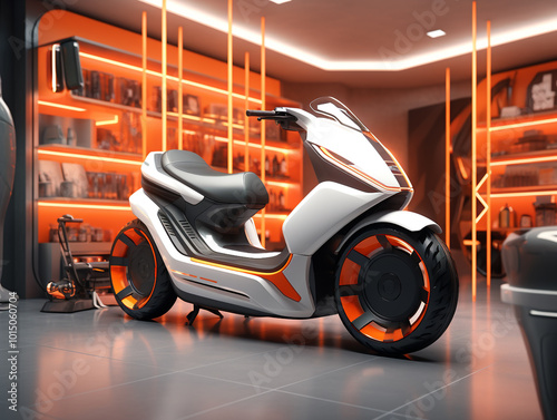 A futuristic and modern design EV scooter is on display in a store. 