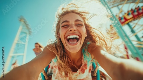 Captured in a moment of pure thrill and excitement, a young woman exuberantly screams while enjoying a fast-paced roller coaster ride on a bright, sunny day. photo