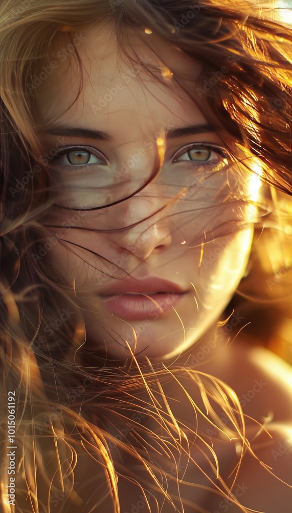 Naklejka premium Serene close up of a woman s face illuminated by sunlight with hair dancing in the breeze