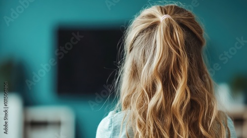 A young girl with a ponytail stands indoors, gazing into a stylish, modern interior, expressing curiosity and a sense of wonder at her surroundings in a tranquil moment. photo