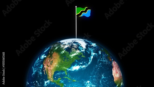 3d rotated planet earth on flying Tanzania flag, earth globe with flag