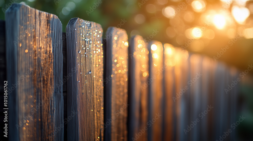 Wooden Fence with Sunlit Dew and Golden Bokeh Effect in a Tranquil Morning Scene Wooden Fence with Sunlit Dew and Golden Bokeh Effect in a Tranquil Morning Scene