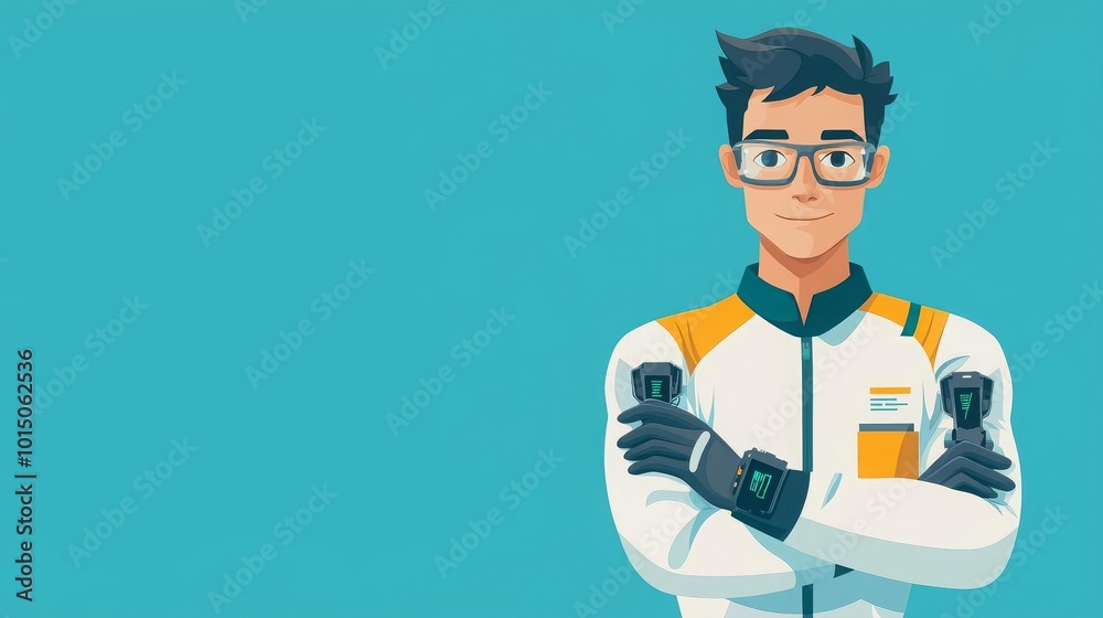 Biomechanical Engineer Joint motion sensors, biomechanical engineer with wearable device, flat design illustration Biomechanical Engineer Joint motion sensors, biomechanical engineer with wearable device, flat design illustration