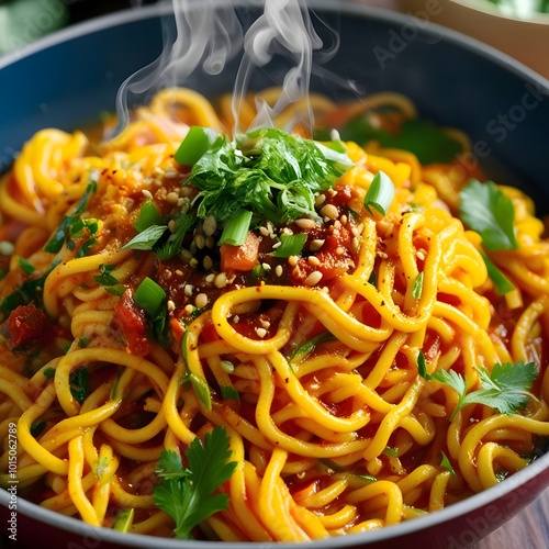 Close-up of Steaming Jeeru Maggi with Fresh Herbs and Spices