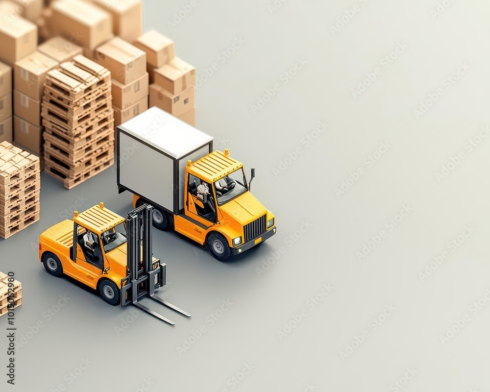 Forklifts working in tandem, loading and unloading trucks at a busy dock