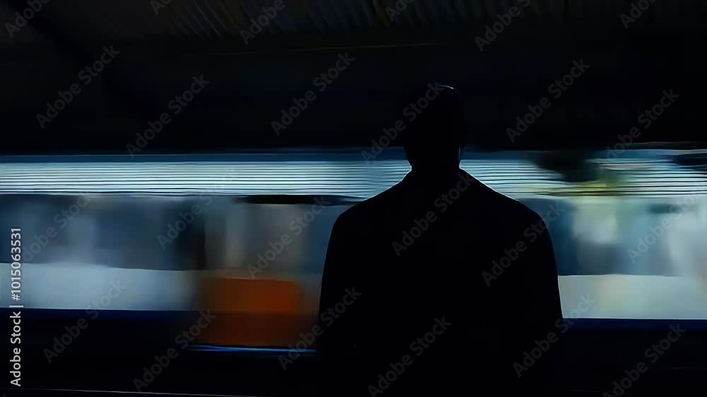 Silhouetted Person at Train Station as Train Speeds Past Silhouetted Person at Train Station as Train Speeds Past