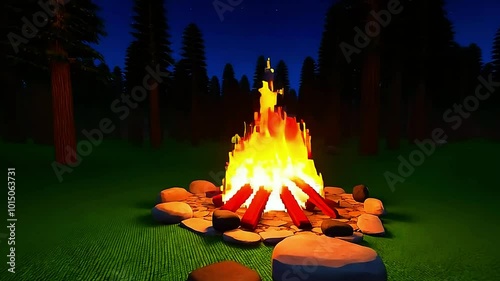 Pixelated Campfire Burns Brightly in a Nighttime Forest