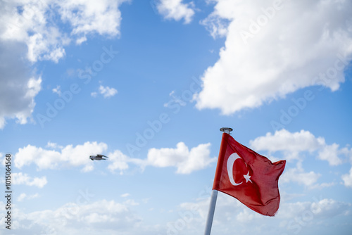 Flowing turkish flag with flyinf bird and cloudy sky as a symbol of freedom and independence.