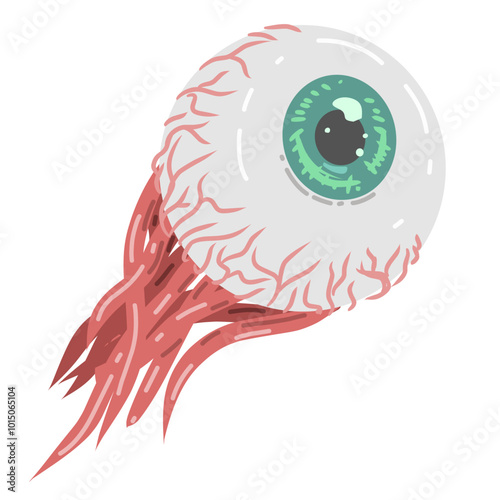 human eyeball with prominent green iris and dilated pupil. The eyes are depicted with radiating red muscle fibers or veins. relevant to themes of vision, biology, horror or abstract art.