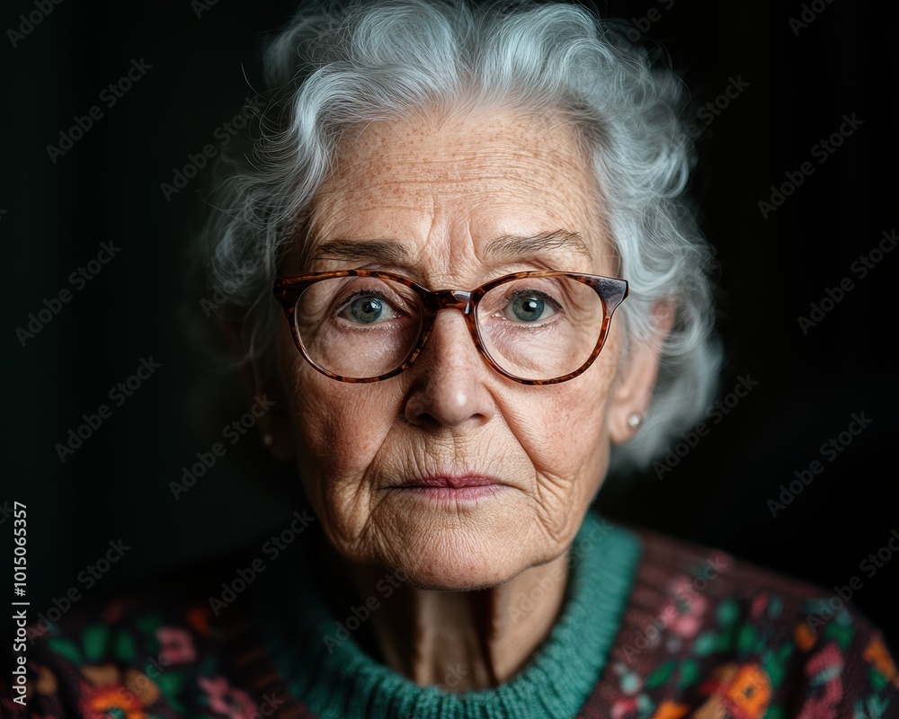 A pensive elderly woman with glasses and gray hair sits indoors, wearing a colorful sweater, surrounded by a warm and cozy atmosphere. A pensive elderly woman with glasses and gray hair sits indoors, wearing a colorful sweater, surrounded by a warm and cozy atmosphere.