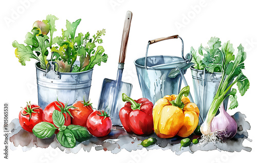 Watercolor painting realistic set of gardening theme with vegetables, boots, watering can , tools , rakes , clippers , blade , onion, cabbage, tomato, radish, scrapbook set.