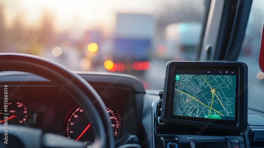 Truck GPS Tracker Showing Real-Time Location and Destination on Dashboard Truck GPS Tracker Showing Real-Time Location and Destination on Dashboard