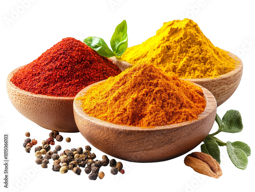 Colorful Spices in Wooden Bowls  Turmeric  Paprika  Peppercorns  Herbs
