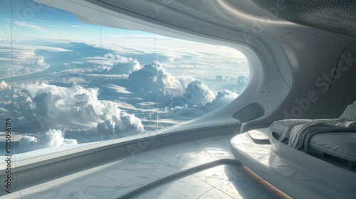 Luxurious minimalistic space room with transparent design and stunning earth view from orbit