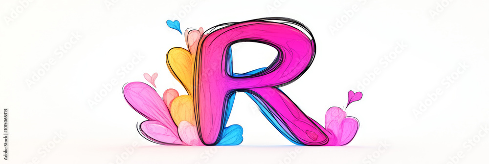 Obraz premium A pink, colorful, 3D, illustrated letter 'R' with hearts.