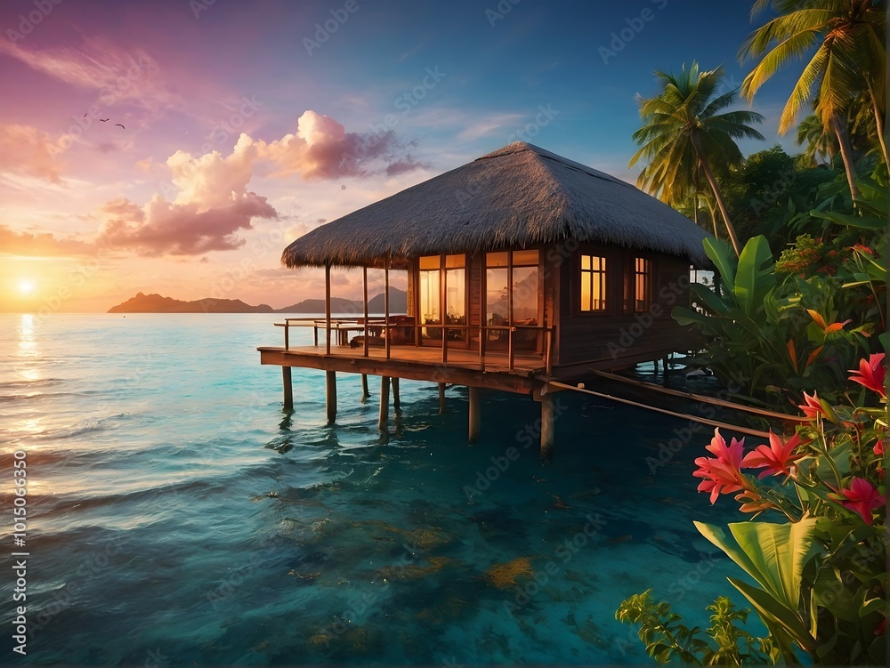 Experience the Serenity of a Tropical Beachfront Bungalow at Stunning Sunset Hours Experience the Serenity of a Tropical Beachfront Bungalow at Stunning Sunset Hours