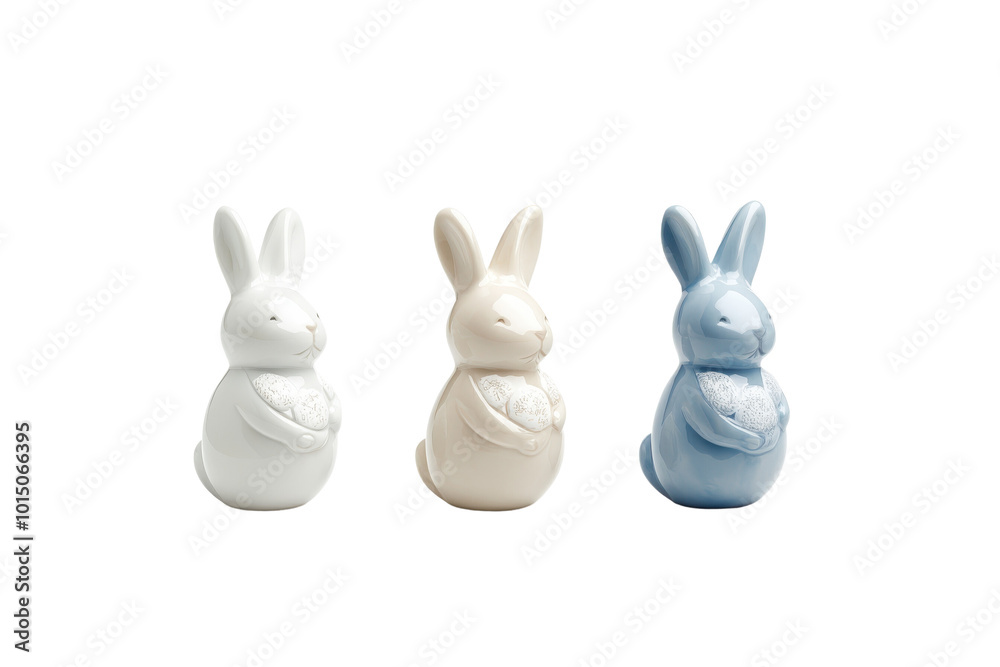 Cute bunny figurines in pastel colors transparent background