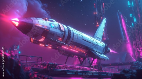 Wallpaper Mural A sleek, advanced rocket prepares for launch against a stunning night sky illuminated by neon lights. The futuristic setting features towering structures and an engaging atmosphere of exploration. Torontodigital.ca