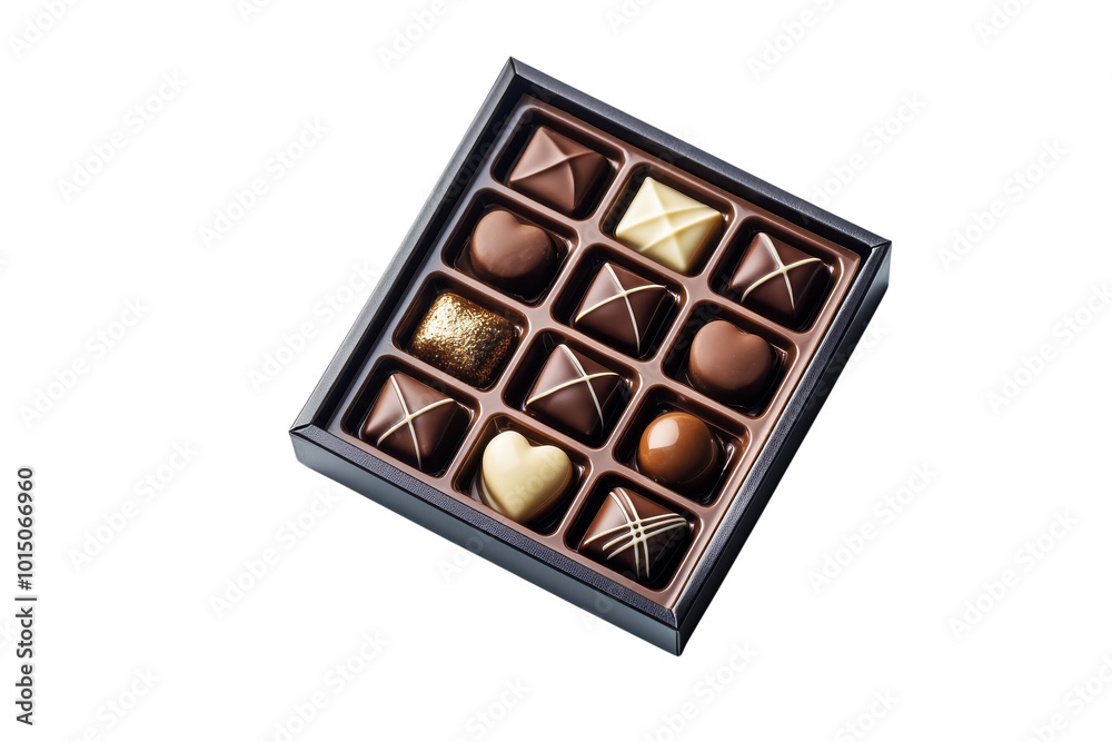 Obraz premium Chocolate assortment in elegant box transparent background