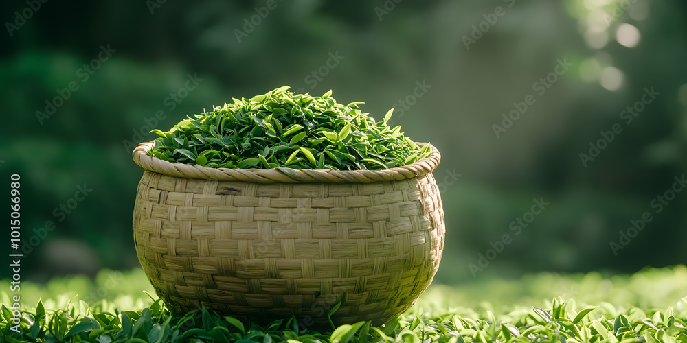 Basket of Bamboo Weaving Containing Tea Leaves | Natural and Eco-Friendly Presentation of Fresh Tea Basket of Bamboo Weaving Containing Tea Leaves | Natural and Eco-Friendly Presentation of Fresh Tea