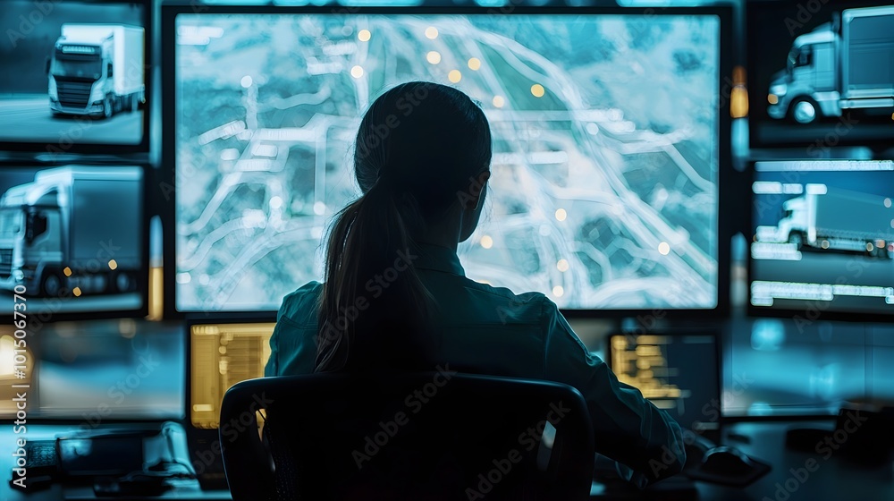 Dispatcher Overseeing Truck Coordination and Real-Time Delivery Tracking on Live Map Display Dispatcher Overseeing Truck Coordination and Real-Time Delivery Tracking on Live Map Display
