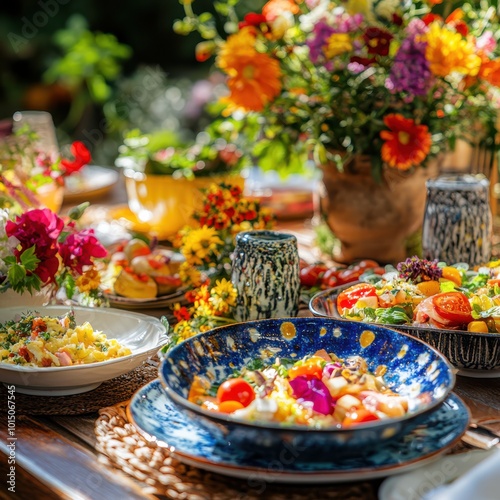 Colorful outdoor dining table with delicious food and vibrant flowers in a garden setting. photo