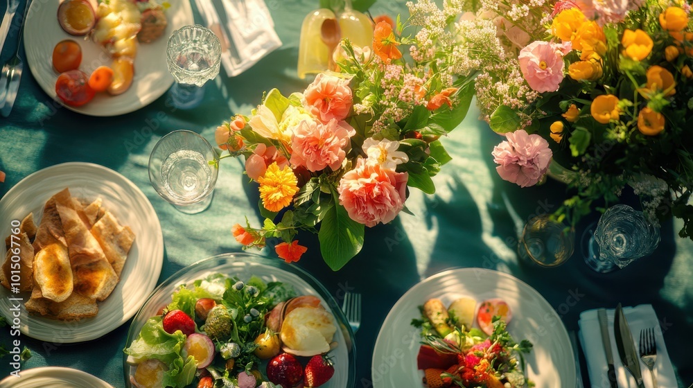Elegant outdoor table setting with fresh salads, bread, and vibrant floral arrangements in sunlight, perfect for a summer gathering. Elegant outdoor table setting with fresh salads, bread, and vibrant floral arrangements in sunlight, perfect for a summer gathering.
