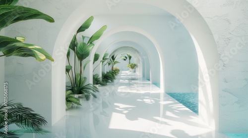 arched hallway with textured white walls, white flooring
