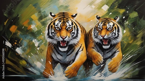 An abstract painting of tigers running through the jungle, with bold paint strokes and splashes. Mural and oil painting style, symbolizing strength, majesty, and wilderness.