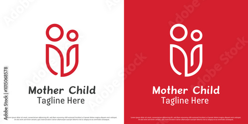 Heart mother child logo design illustration. Abstract silhouette of leaves mother mother child kid family parent embrace maternal affection love dear. Simple minimal line linear gentle soft kind icon.