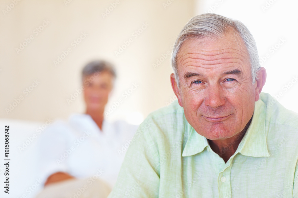 Home, senior man and portrait with thoughts for brainstorming, memory and ideas in retirement on couch. Remember, male person and woman in living room for decision, choice and thinking in apartment Home, senior man and portrait with thoughts for brainstorming, memory and ideas in retirement on couch. Remember, male person and woman in living room for decision, choice and thinking in apartment