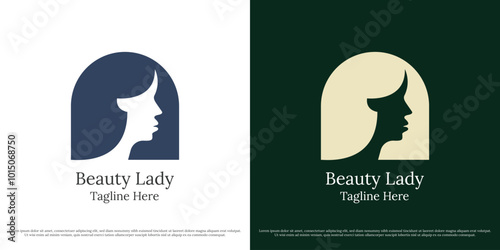 Beautiful salon woman logo design illustration. Silhouette of a young woman face at a luxury elegant clinic spa boutique hair eve character fashion style. Abstract minimal simple icon symbol.