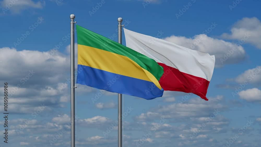 Poland and Gabon flags flying together, video concept of the relationship, two country cooperation concept Poland and Gabon flags flying together, video concept of the relationship, two country cooperation concept