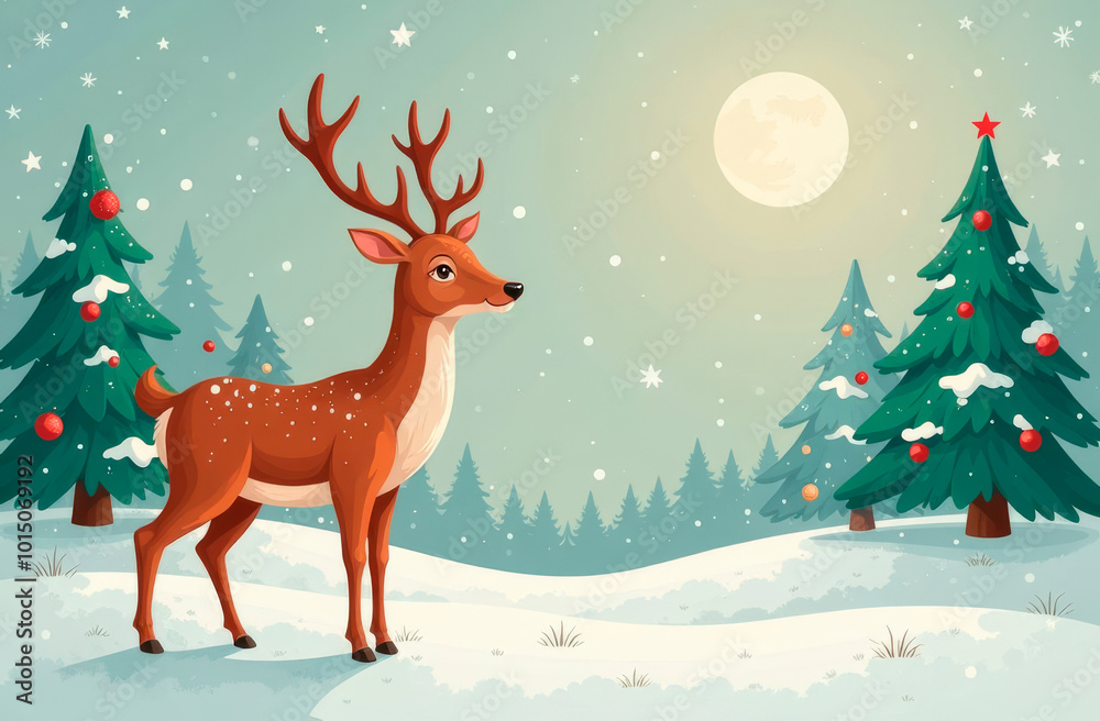 Deer in a winter night festive forest. Illustration, postcard Deer in a winter night festive forest. Illustration, postcard
